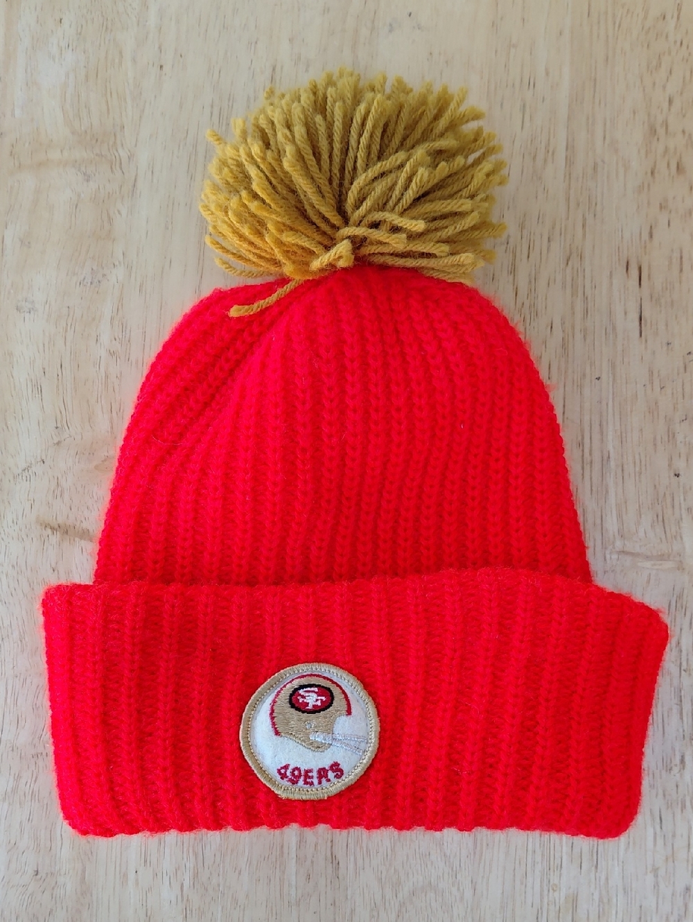 Vintage SF 49ers NFL Red and Tan Pom Knit Beanie Hat
